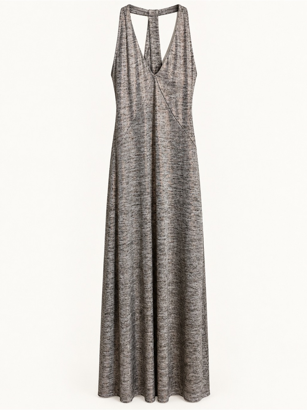 White House Black Market Metallic Gray Maxi Dress | Size 6 | Open T-Back